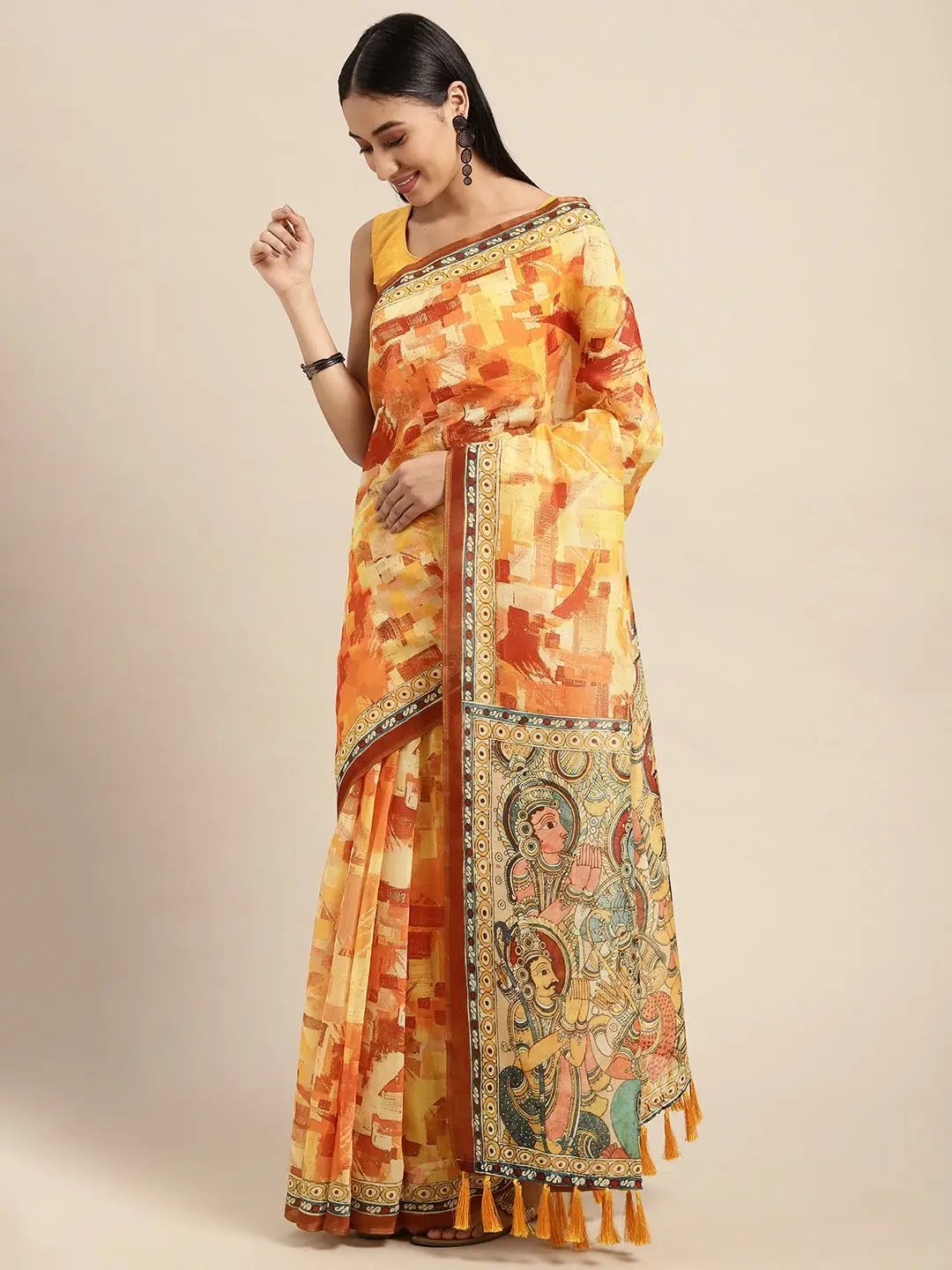 Beautiful Digital Print Kalamakri Design Soft Linen Saree