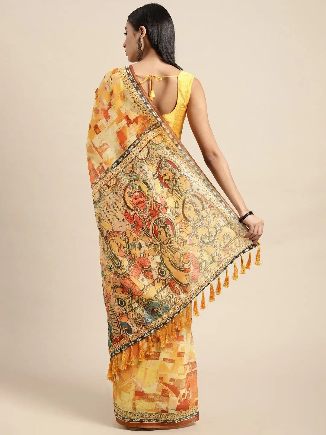 Beautiful Digital Print Kalamakri Design Soft Linen Saree