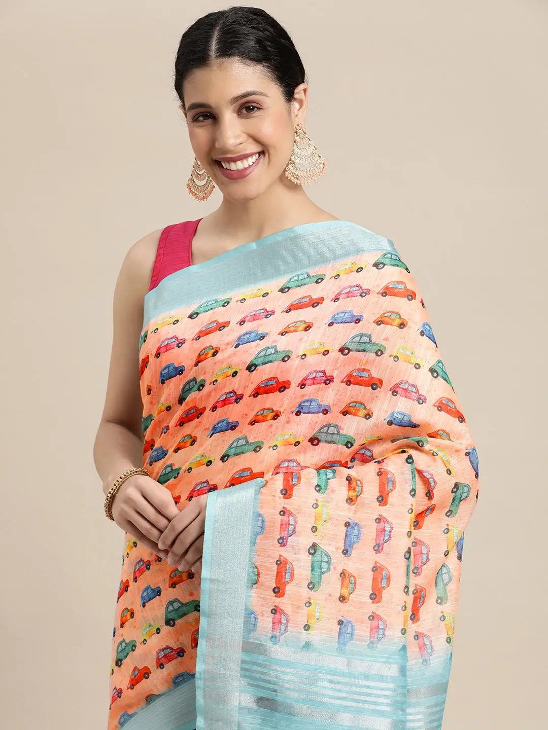 Beautiful Digital Trendy Car Print Soft Linen Saree