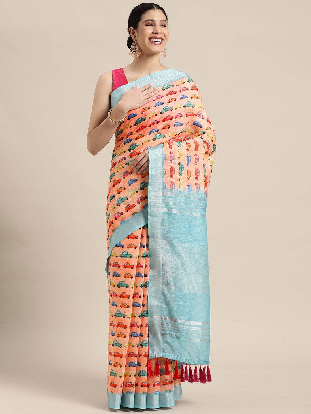 Beautiful Digital Trendy Car Print Soft Linen Saree