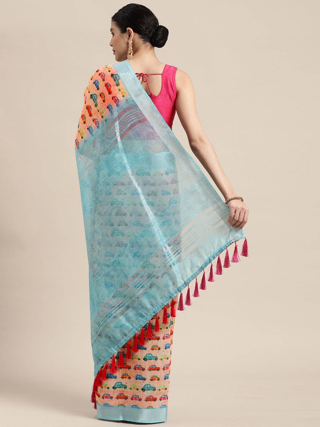 Beautiful Digital Trendy Car Print Soft Linen Saree