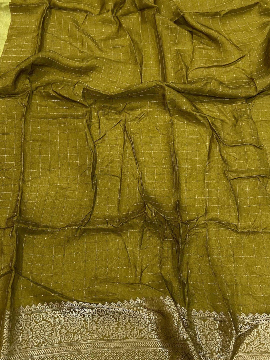 Light Green Floral Zari Chex Saree by My Store