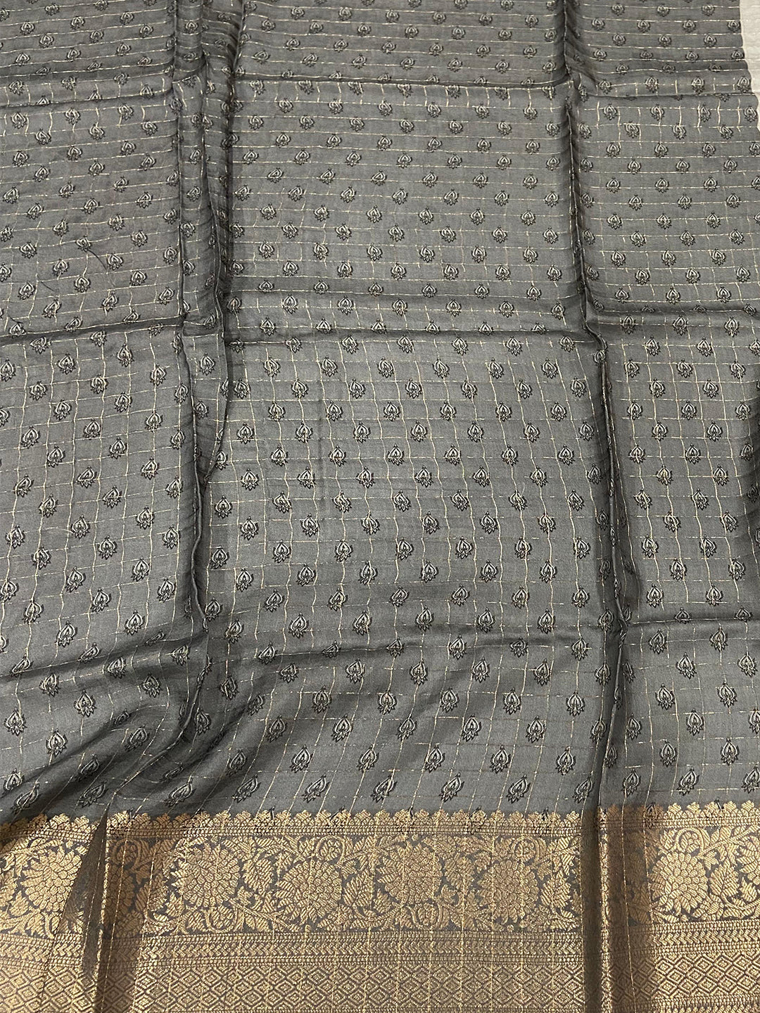 Grey Floral Zari Chex Saree by My Store
