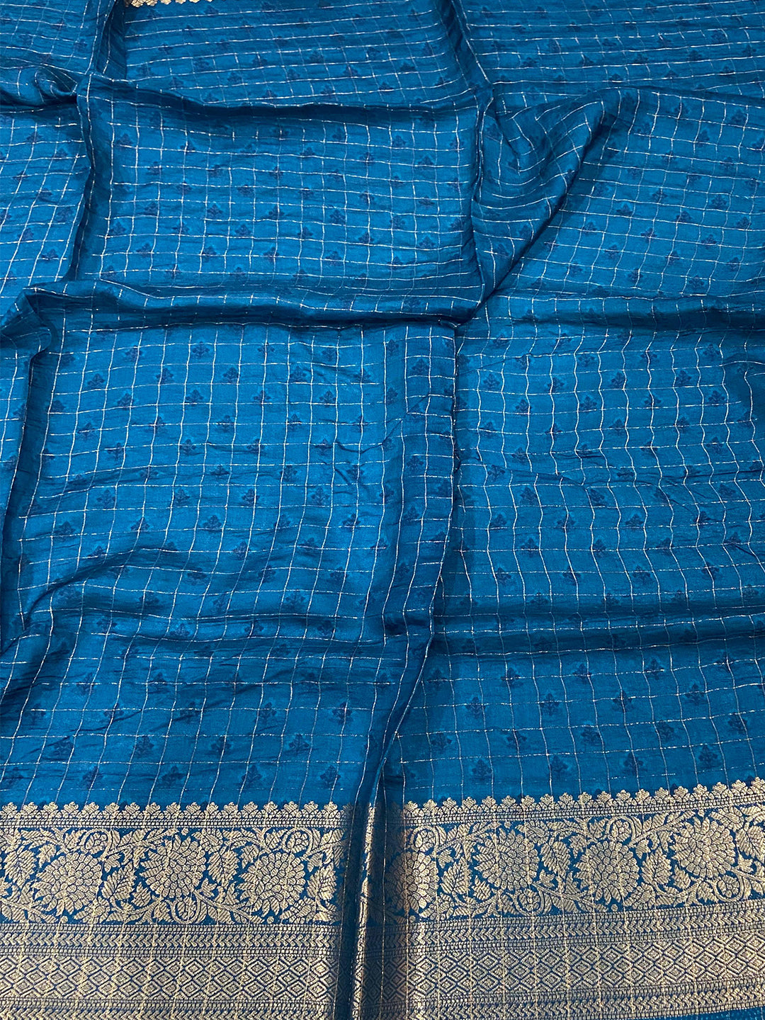 Blue Floral Zari Chex Saree