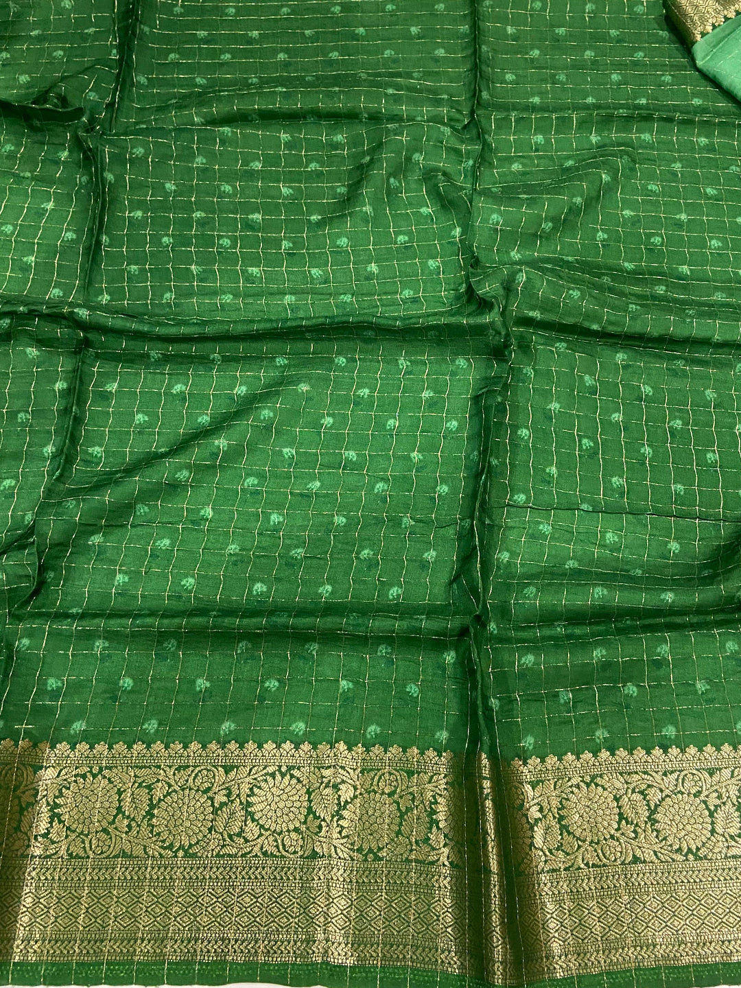 Green Floral Zari Chex Saree by My Store