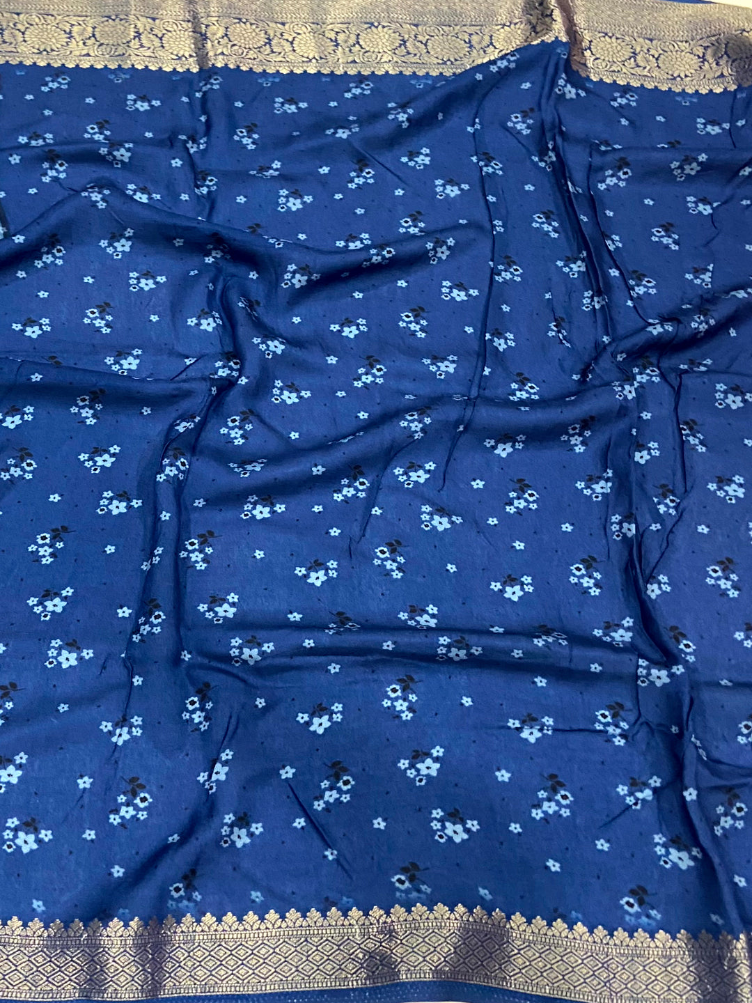 Blue Floral Peacock Fusion Saree