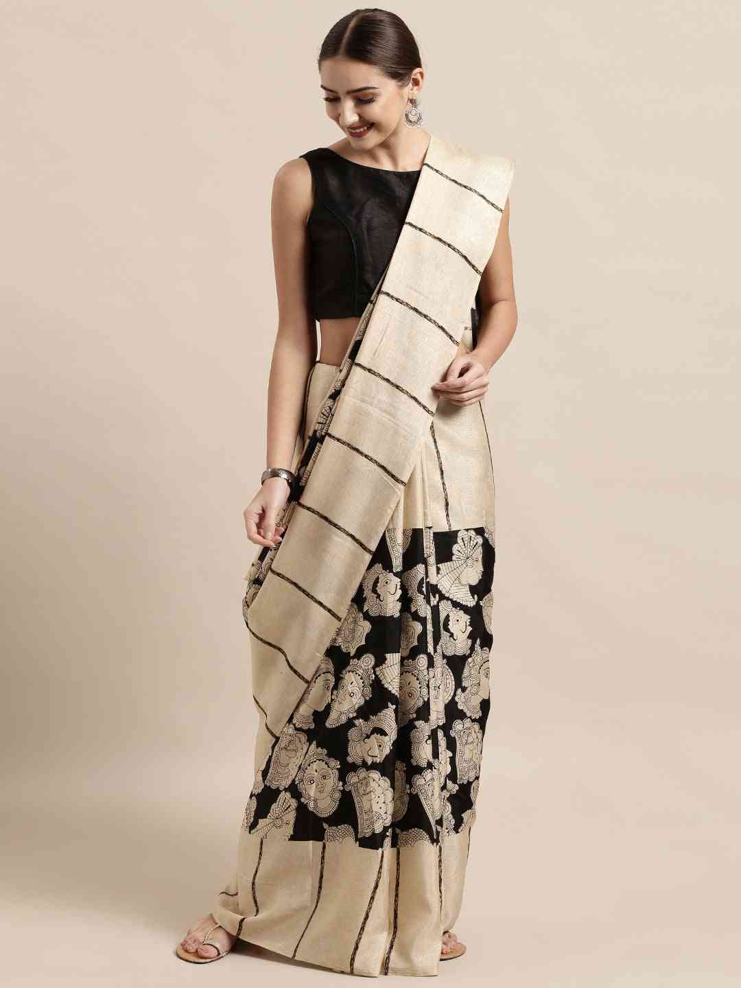 Soft Linen Black Colour Chanderi Saree with Enchanting Kalamkari Print