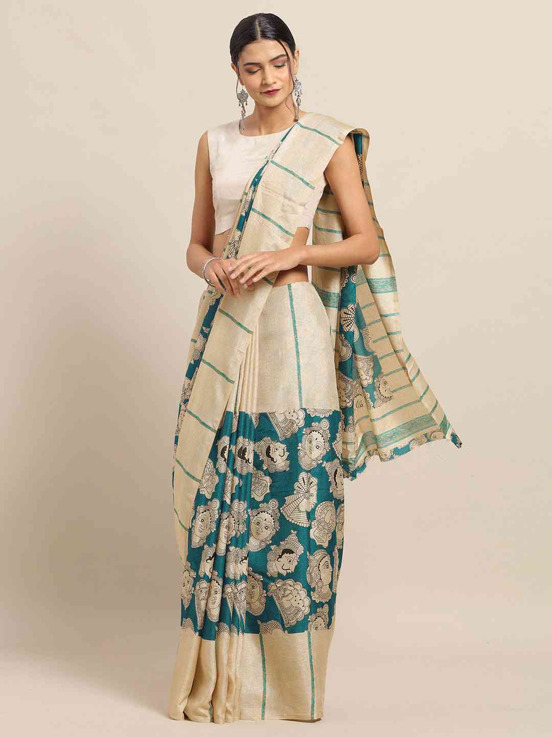 Stylish Linen Printed And Kalamkari Work Chanderi Saree by My Store