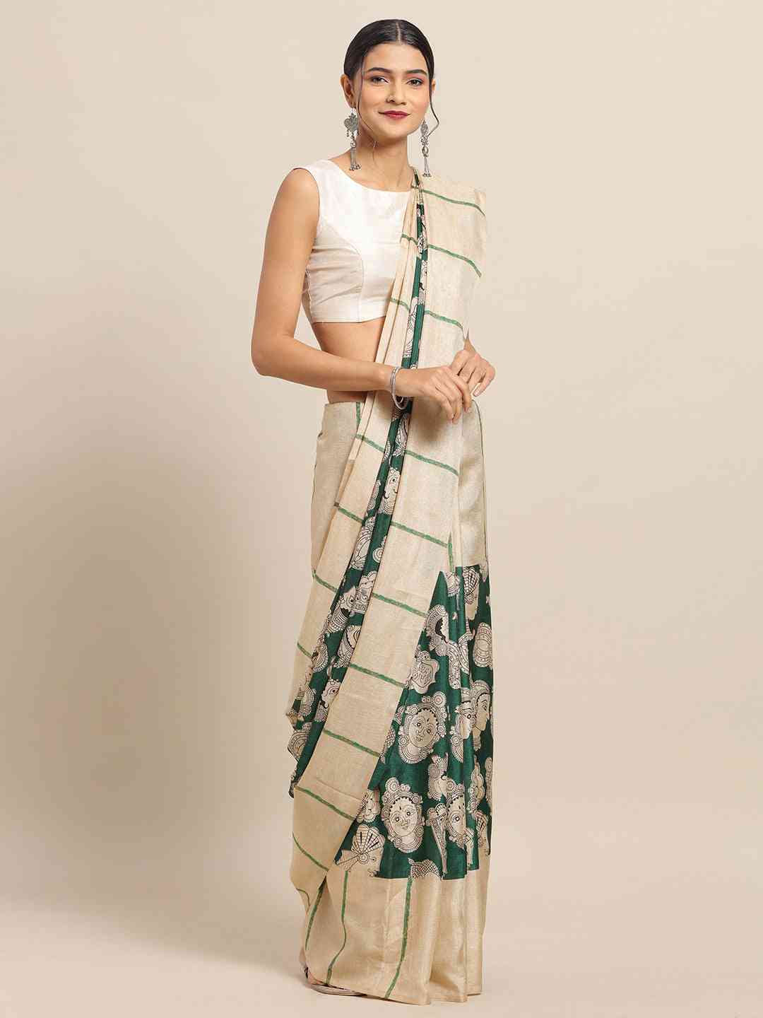 Stylish Linen Printed And Kalamkari Work Chanderi Saree