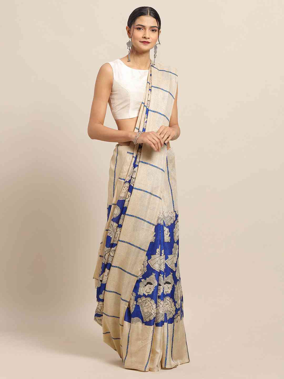 Stylish Linen Printed And Kalamkari Work Chanderi Saree