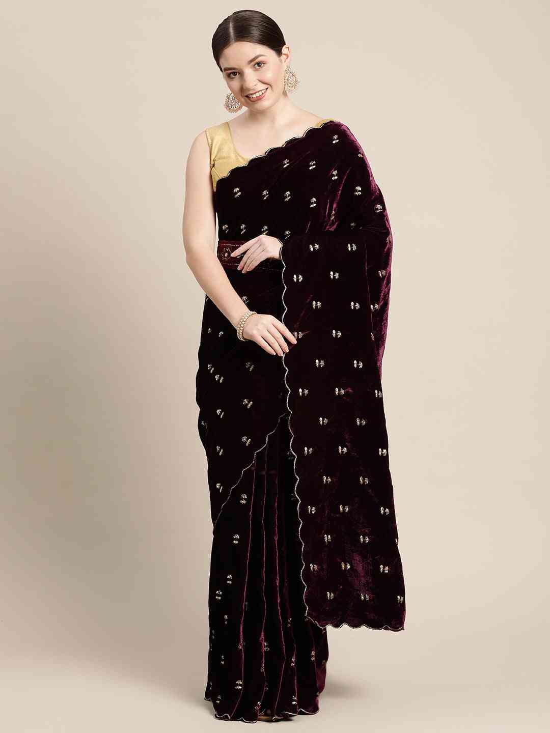 Stylish Velvet Aari Work Wine Colour Cut Work Saree by My Store