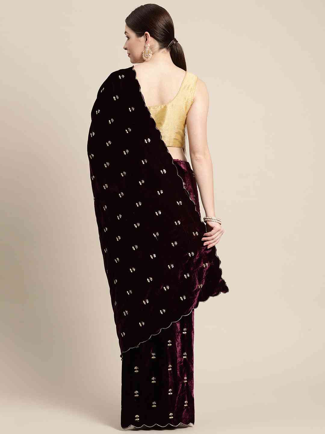 Stylish Velvet Aari Work Wine Colour Cut Work Saree by My Store