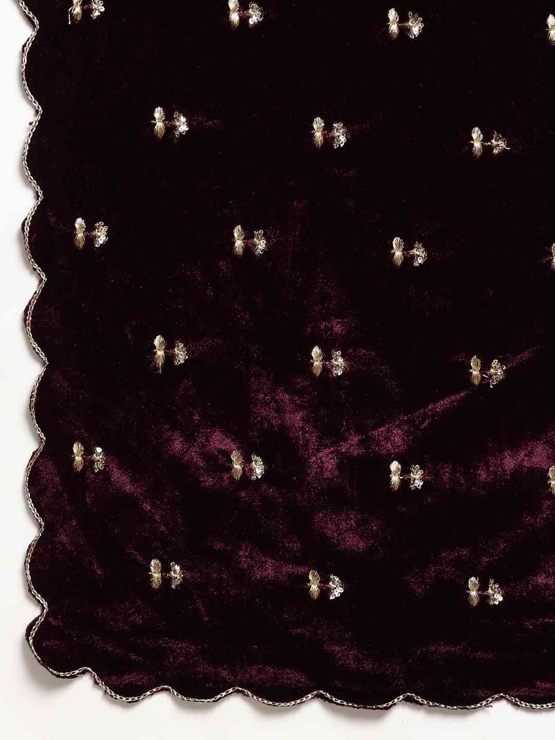 Stylish Velvet Aari Work Wine Colour Cut Work Saree by My Store