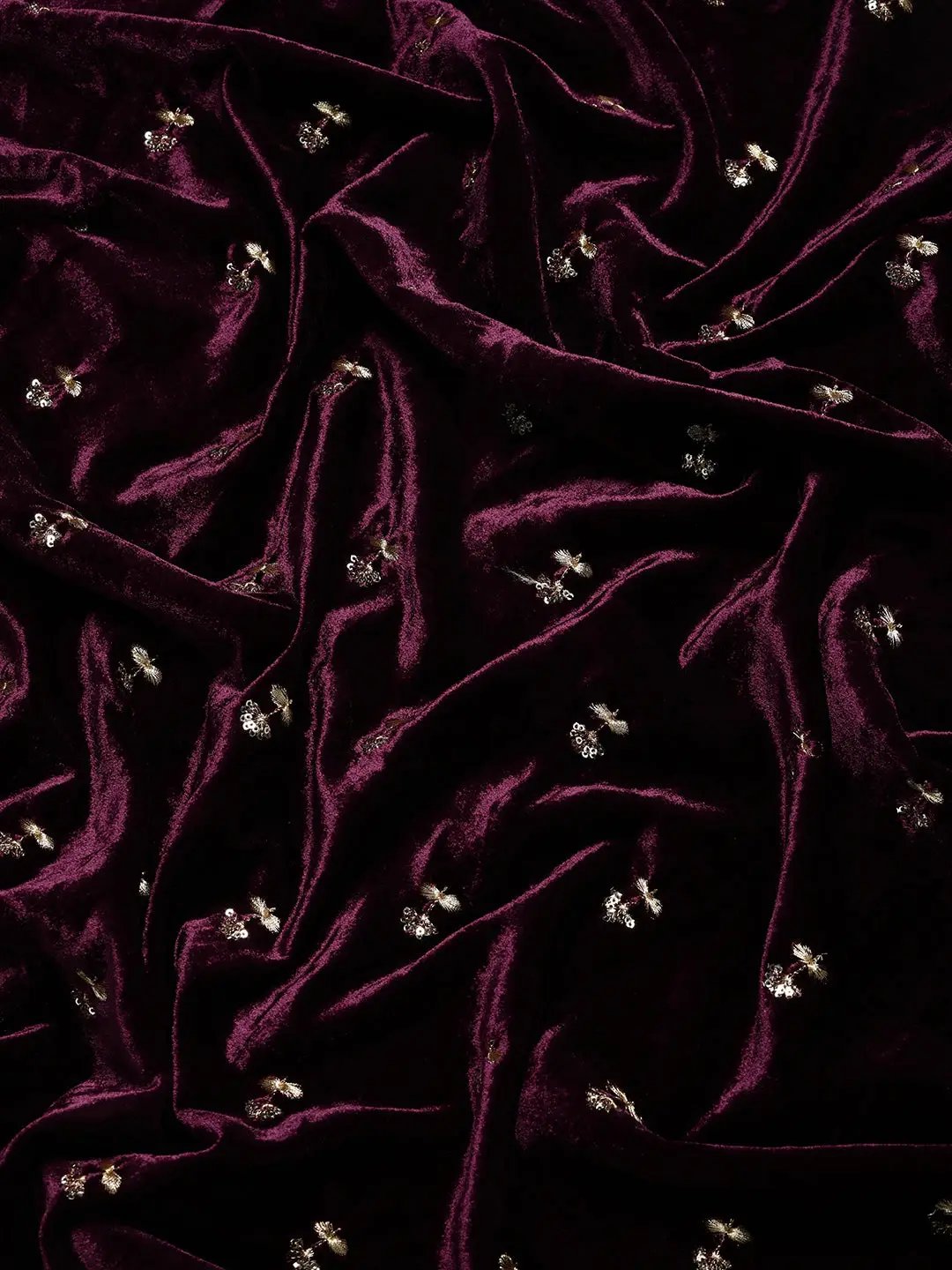 Stylish Velvet Aari Work Wine Colour Cut Work Saree by My Store