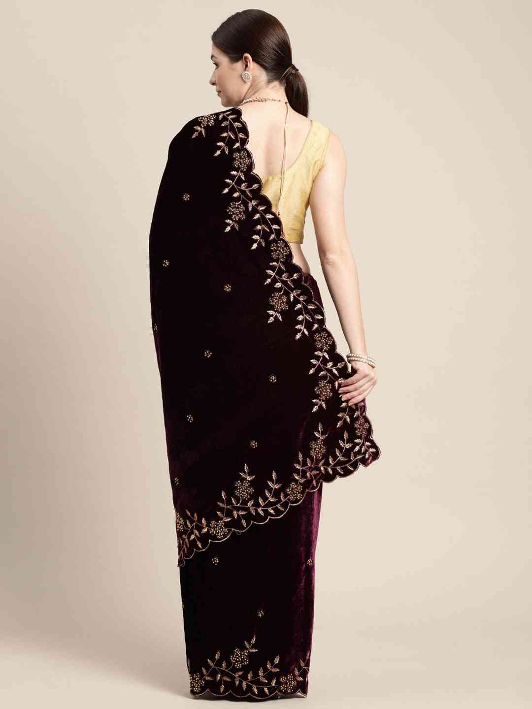 Stylish Burgundy Colour Aari Work Velvet Saree by My Store