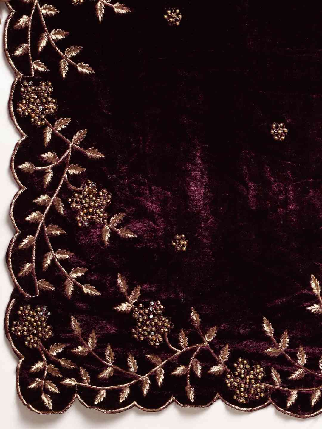 Stylish Burgundy Colour Aari Work Velvet Saree by My Store