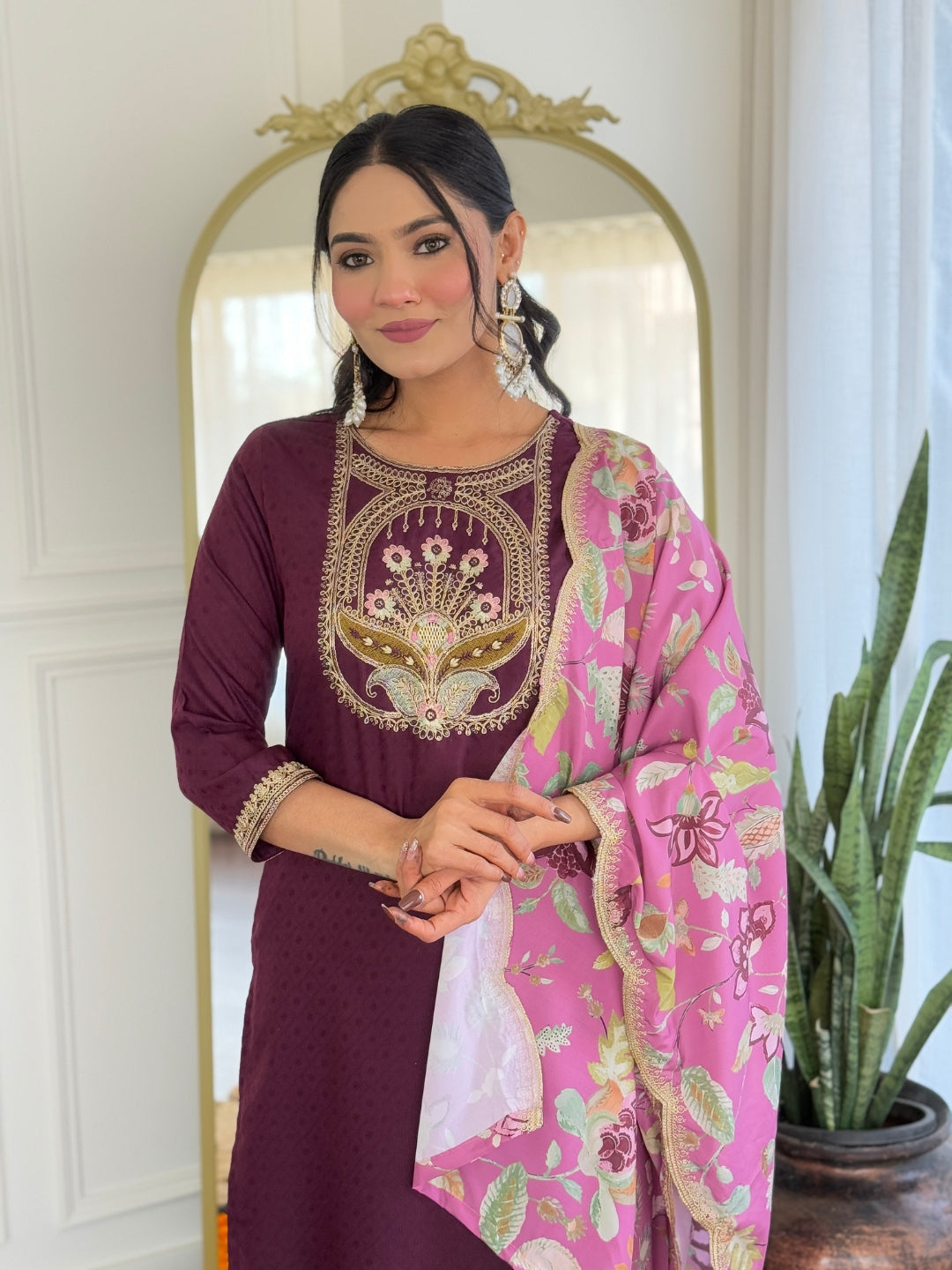 Trending Wear Rich Wine Kurta Set with Dupatta
