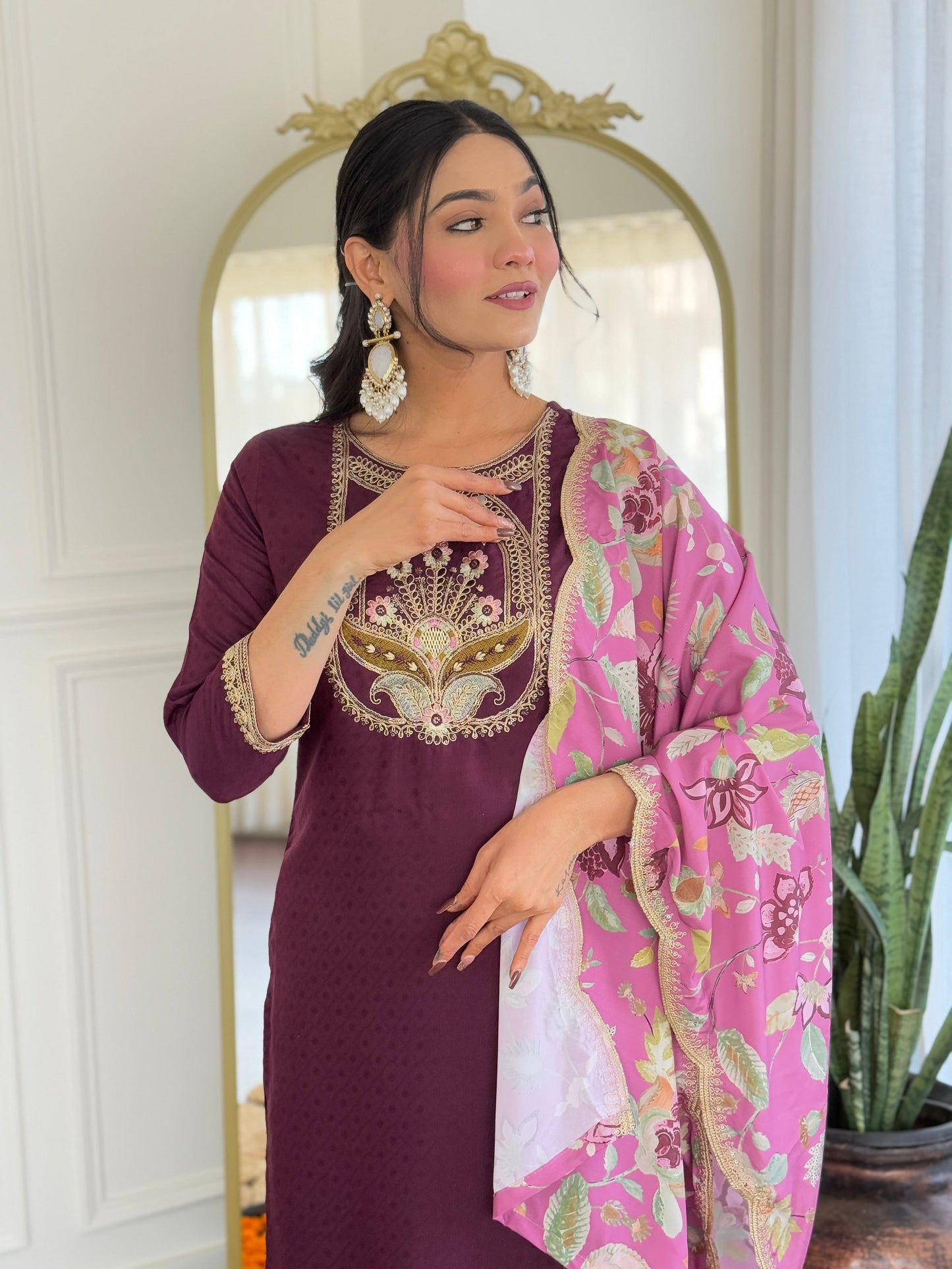 Trending Wear Rich Wine Kurta Set with Dupatta