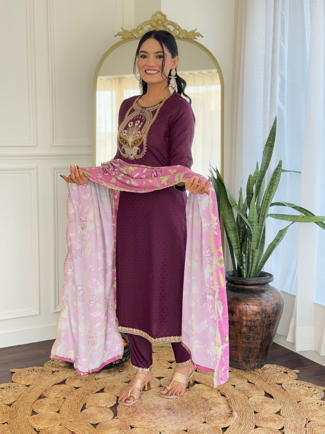 Trending Wear Rich Wine Kurta Set with Dupatta