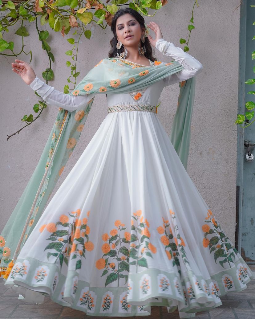 White Color Embroidery Work & Digital Printed Gown by My Store