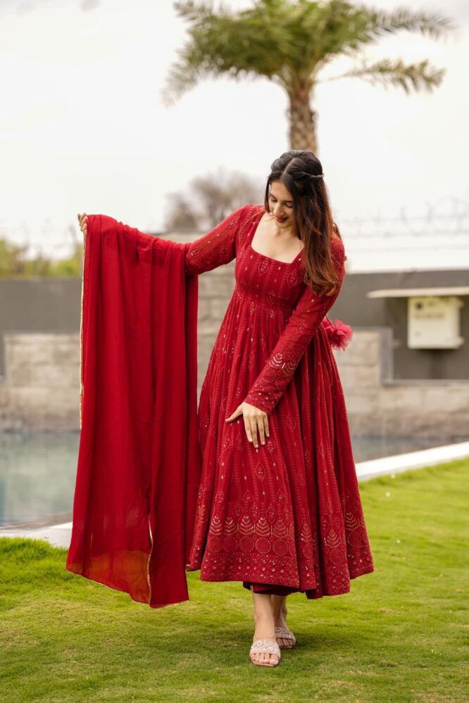 Embellished Red Color Sequence Work Gown by My Store