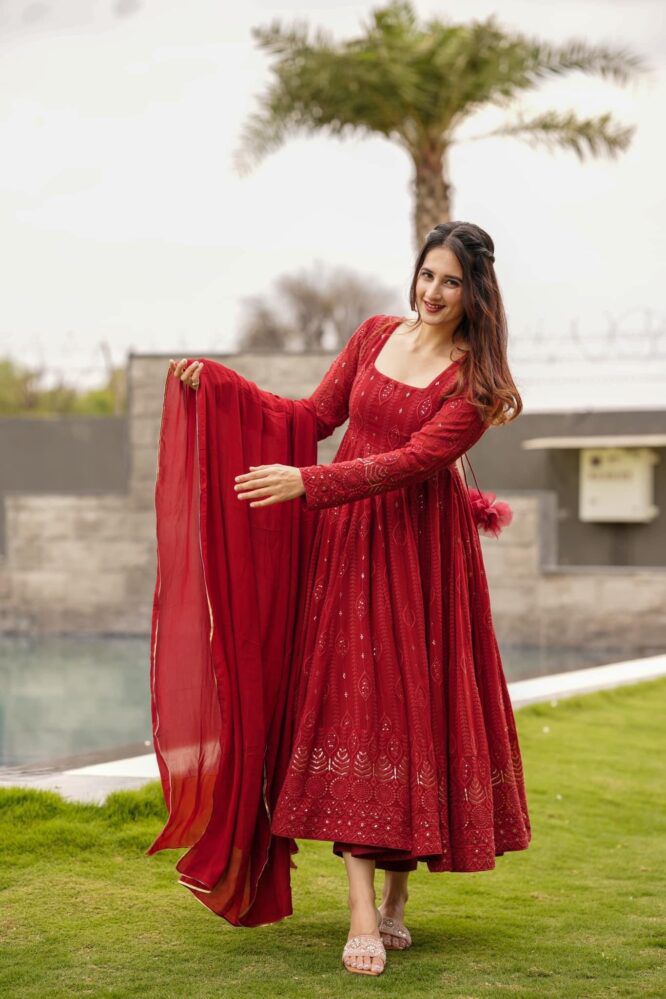 Embellished Red Color Sequence Work Gown by My Store