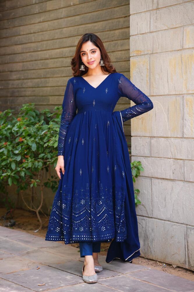 Glimmering Blue Color Sequence Thread Work Anarkali Gown by My Store