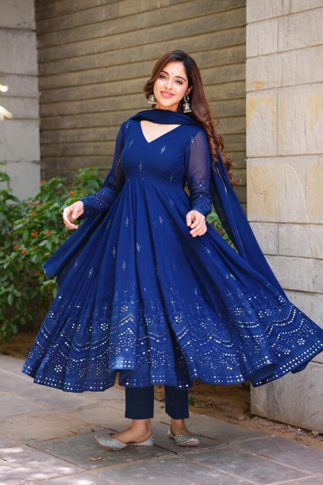 Glimmering Blue Color Sequence Thread Work Anarkali Gown by My Store