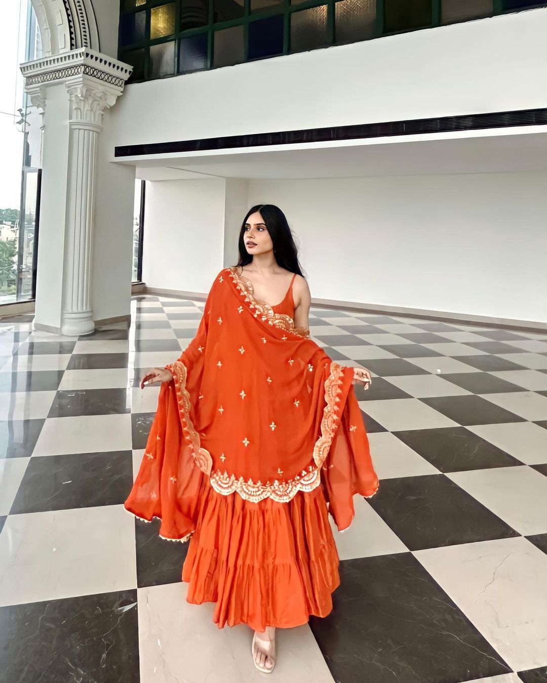 Beautiful Orange Color Ruffle Flair Anarkali Gown by My Store