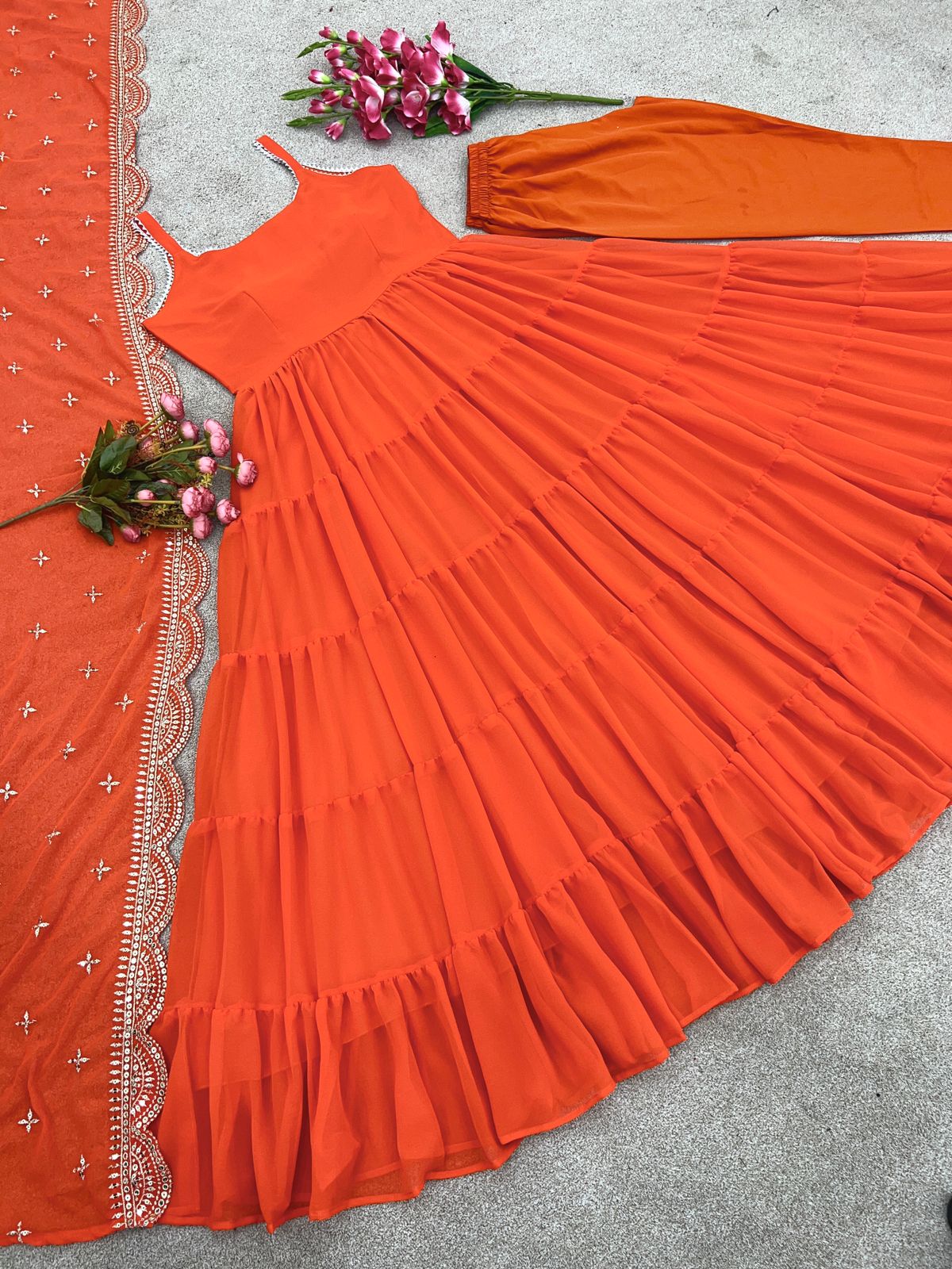 Beautiful Orange Color Ruffle Flair Anarkali Gown by My Store