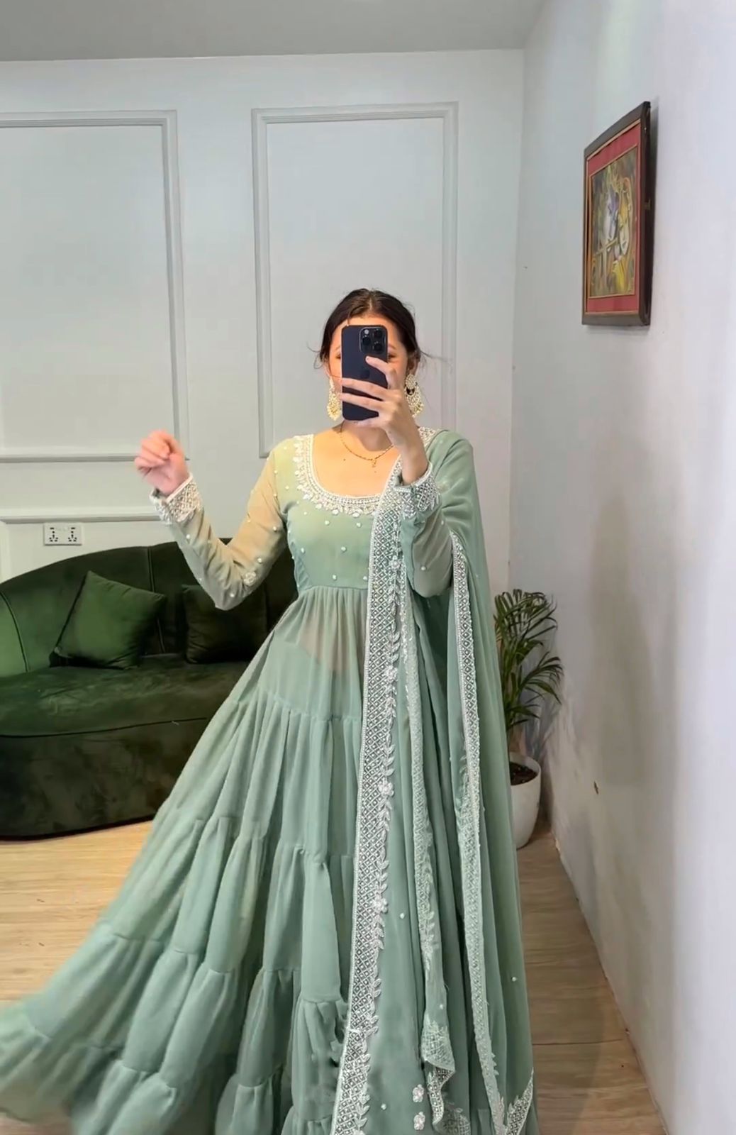 Trendy Pista Green Color Ruffle Style Anarkali Gown by My Store