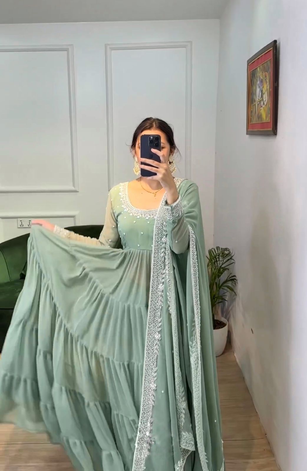 Trendy Pista Green Color Ruffle Style Anarkali Gown by My Store