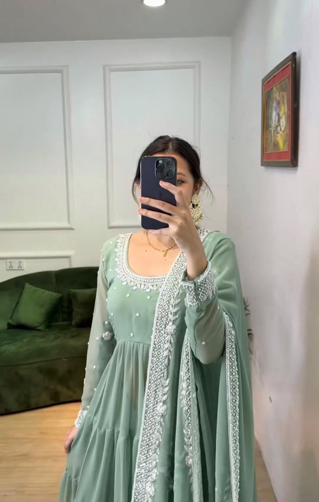 Ruffle Style Pista Green Color Anarkali Gown by My Store