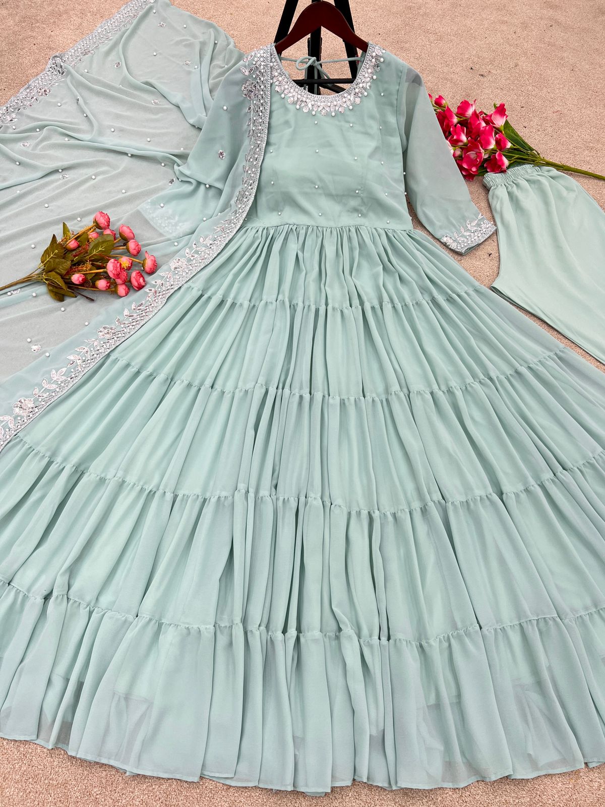 Trendy Pista Green Color Ruffle Style Anarkali Gown by My Store