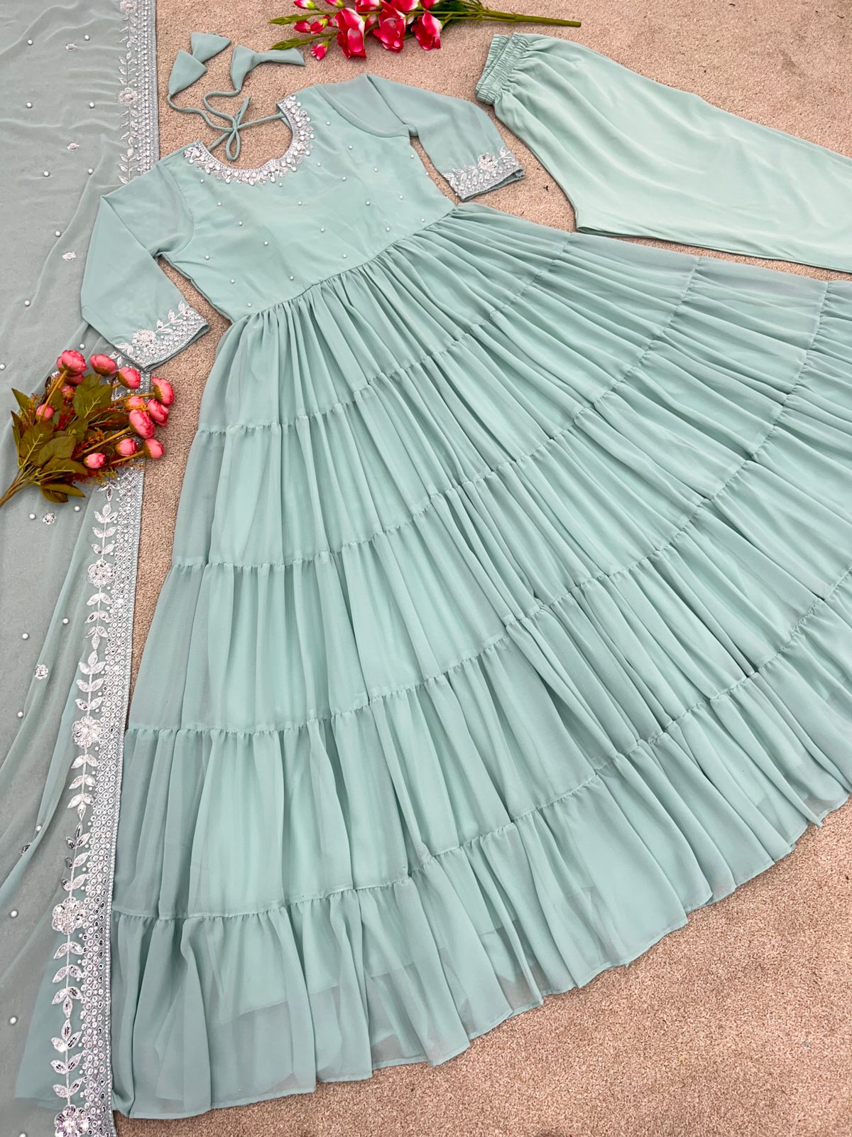 Trendy Pista Green Color Ruffle Style Anarkali Gown by My Store