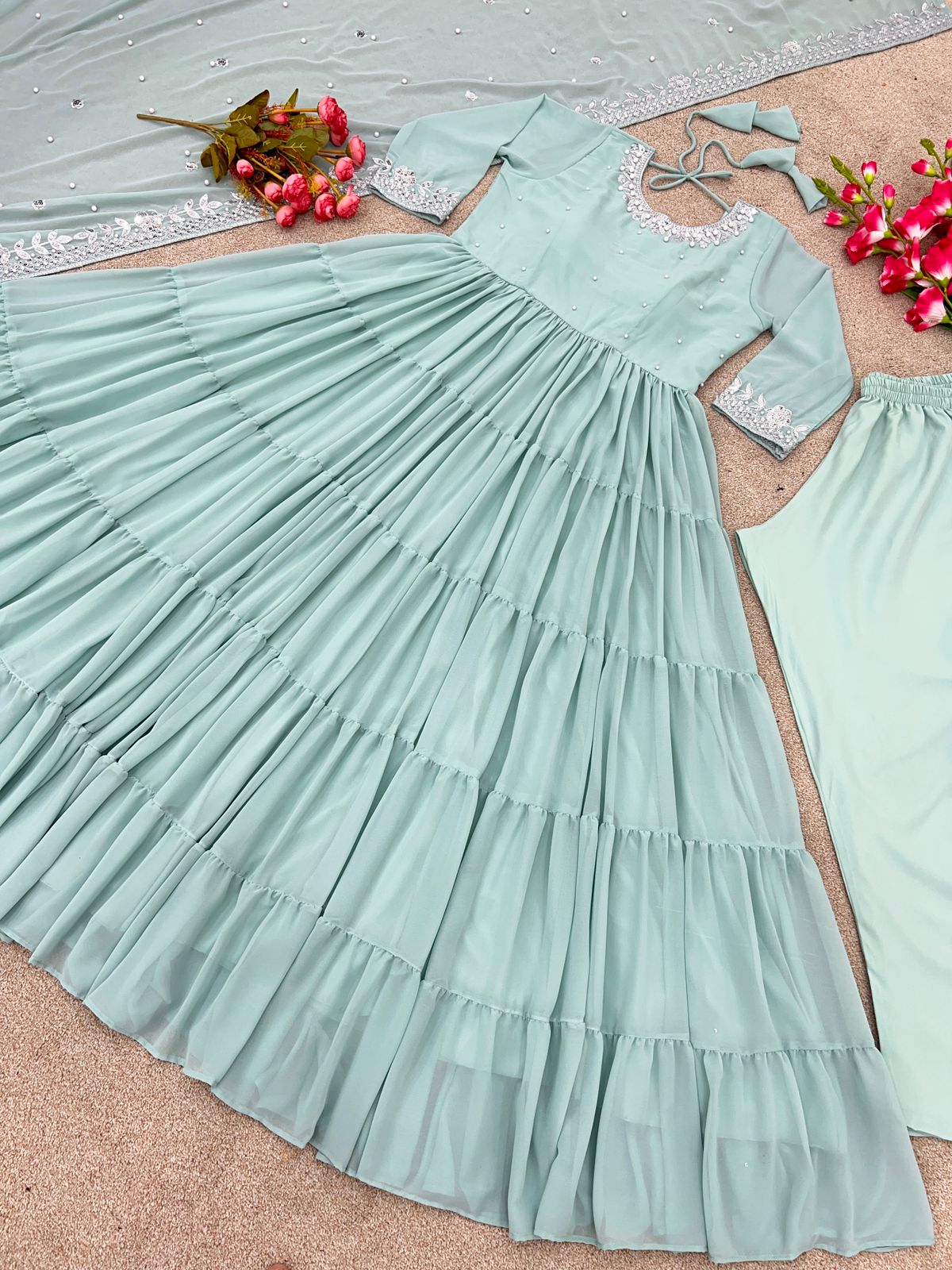 Trendy Pista Green Color Ruffle Style Anarkali Gown by My Store