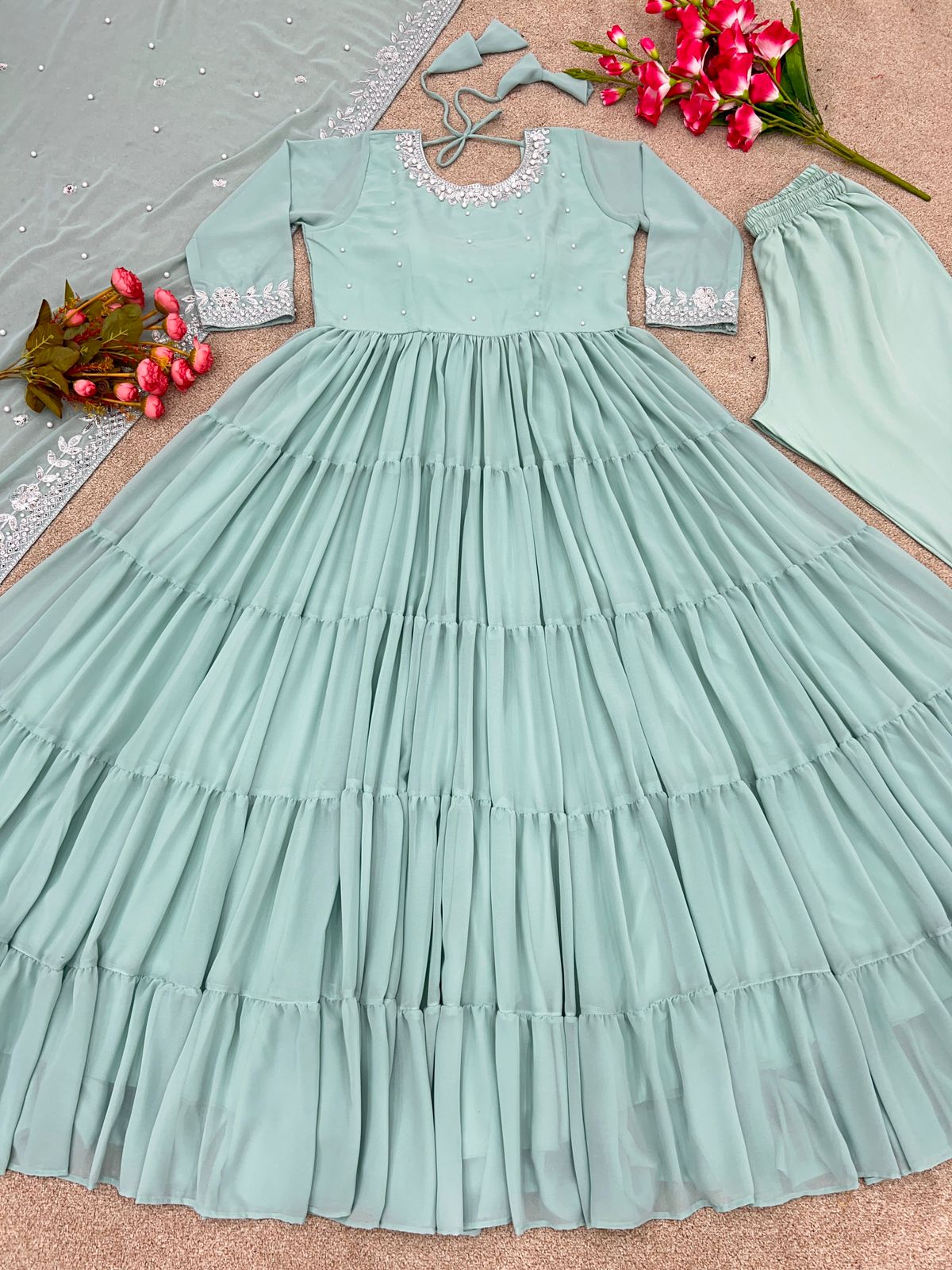 Trendy Pista Green Color Ruffle Style Anarkali Gown by My Store