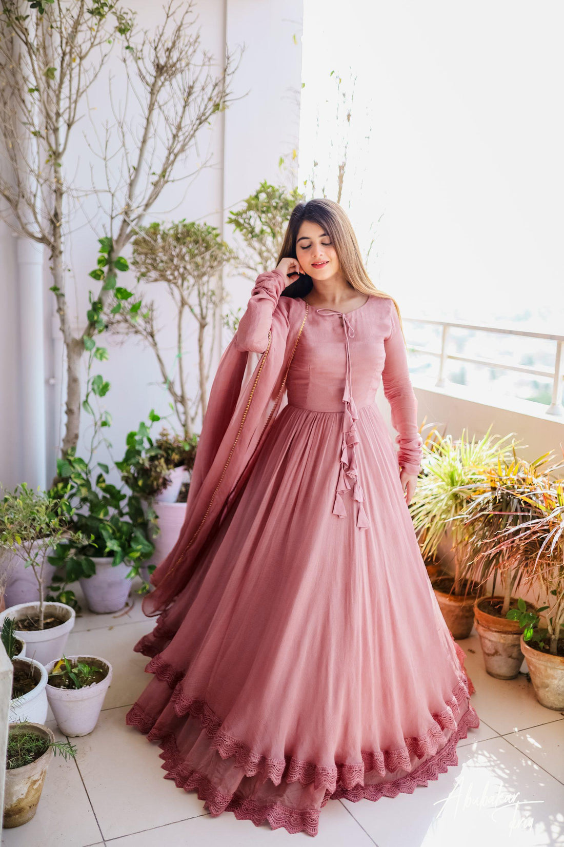 Good Looking Lace Border Dusty Pink Gown With Plain Dupatta by My Store
