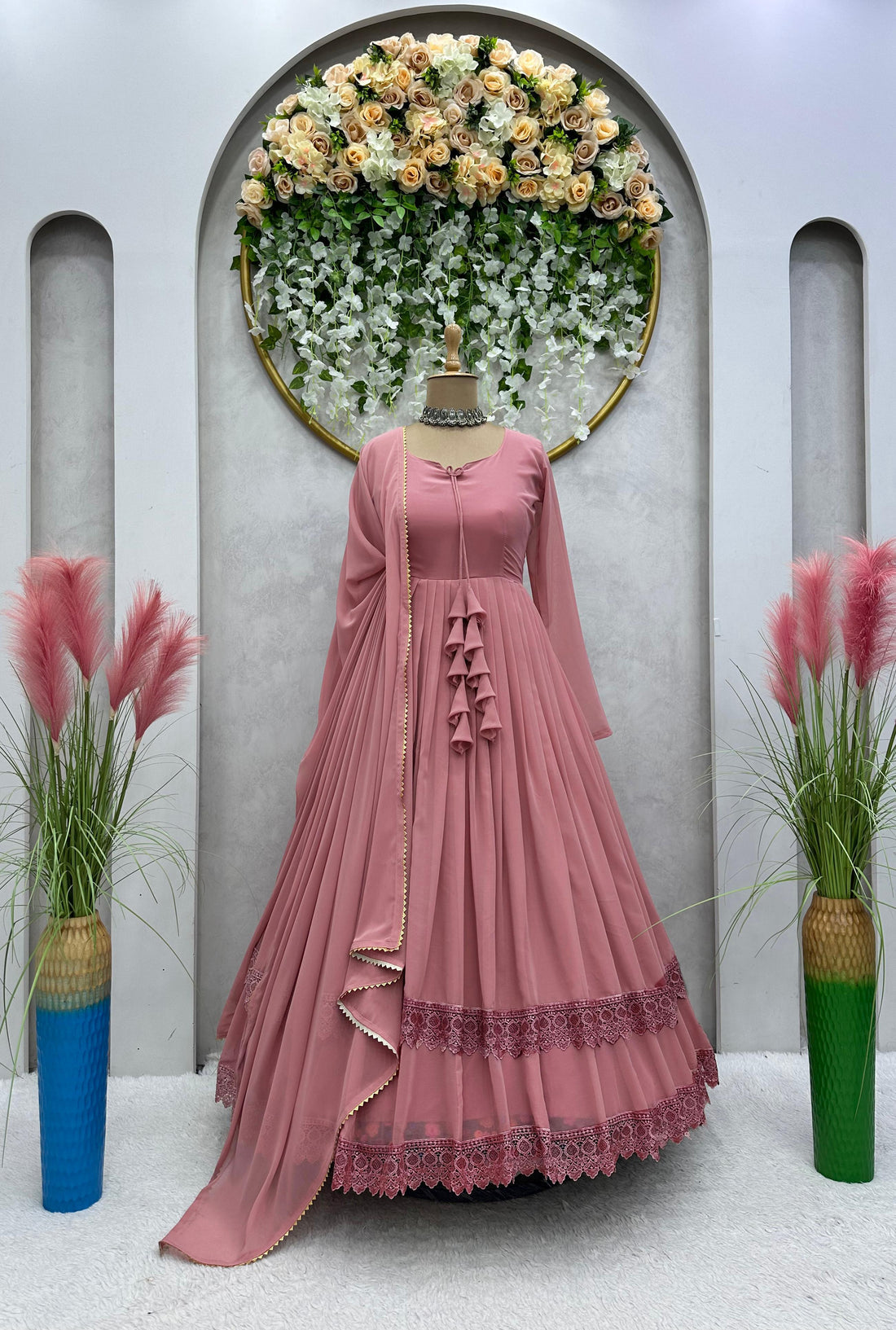 Good Looking Lace Border Dusty Pink Gown With Plain Dupatta by My Store