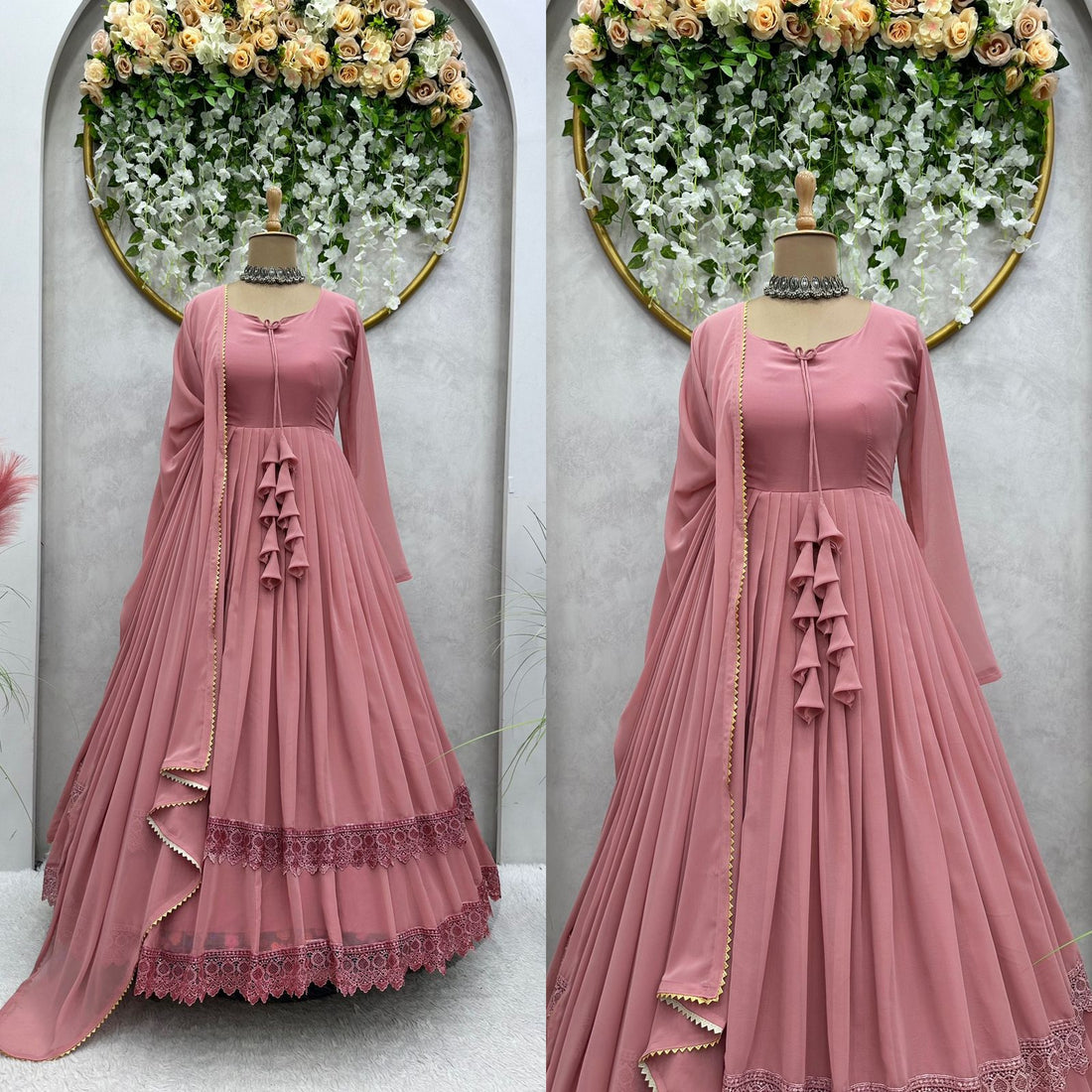 Good Looking Lace Border Dusty Pink Gown With Plain Dupatta by My Store