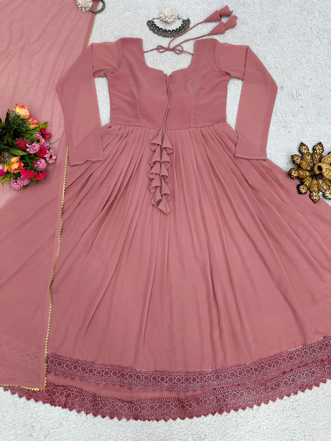 Good Looking Lace Border Dusty Pink Gown With Plain Dupatta by My Store