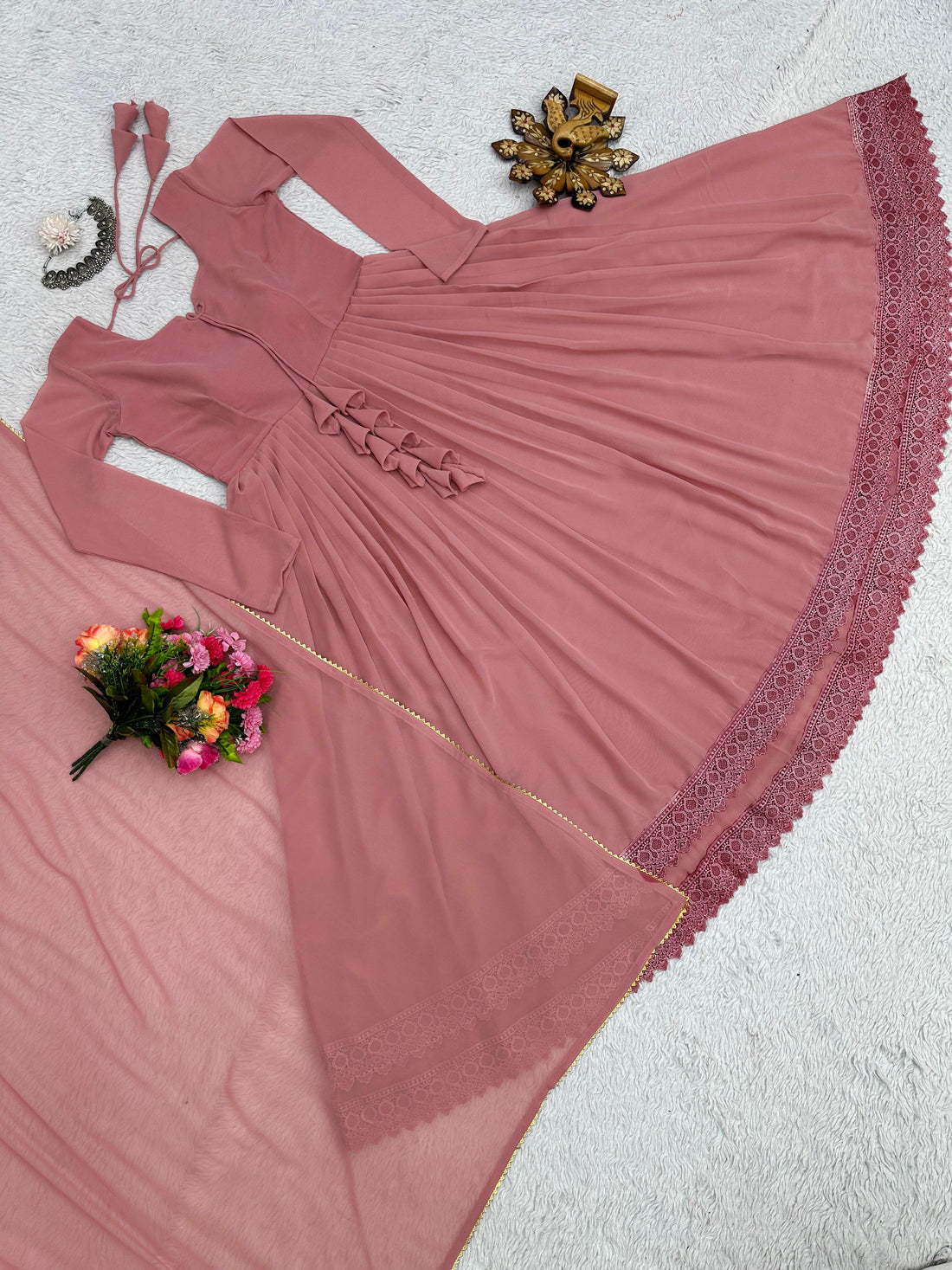 Good Looking Lace Border Dusty Pink Gown With Plain Dupatta by My Store