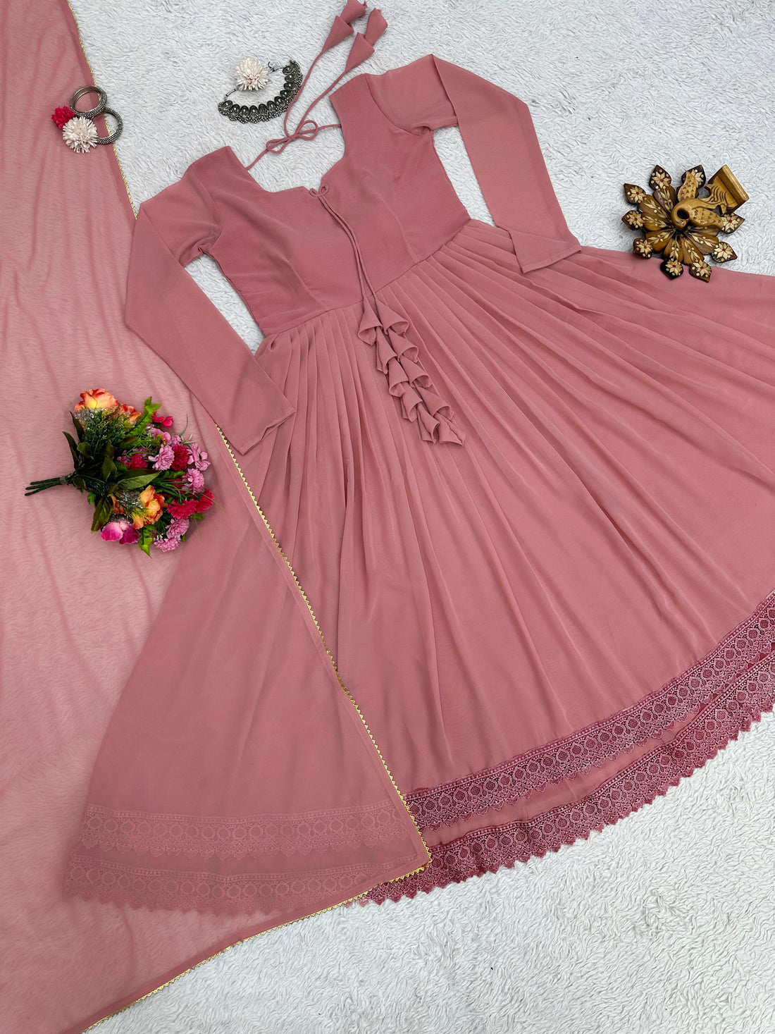 Good Looking Lace Border Dusty Pink Gown With Plain Dupatta by My Store