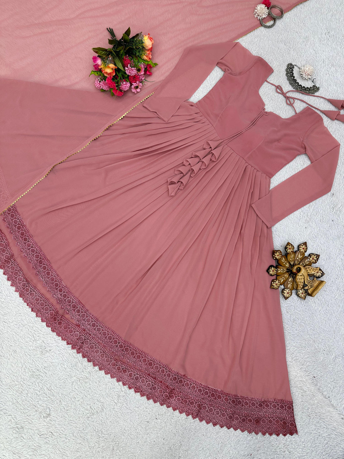 Good Looking Lace Border Dusty Pink Gown With Plain Dupatta by My Store
