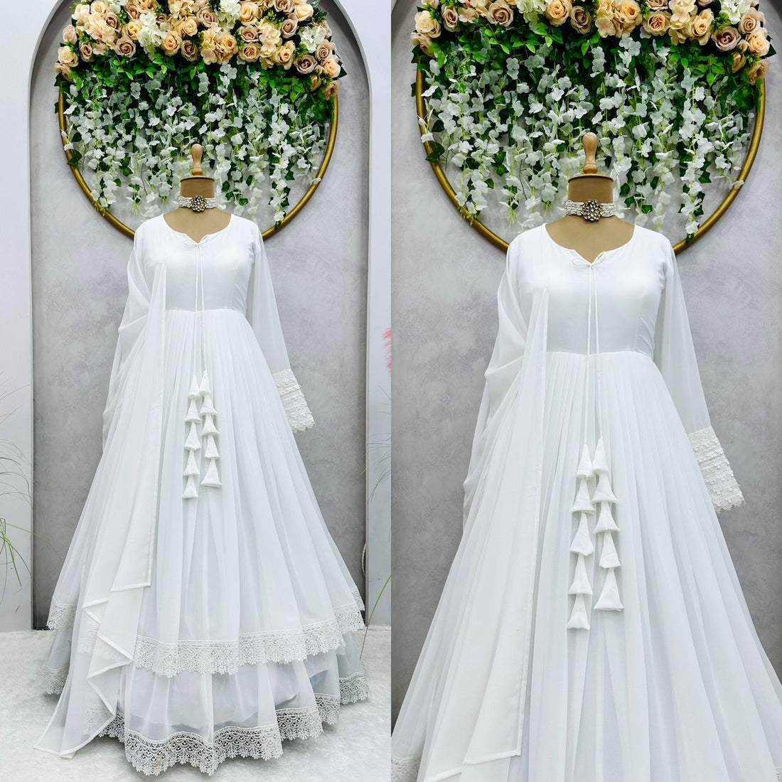 White Long Flair Double Layered Anarkali With Dupatta by My Store