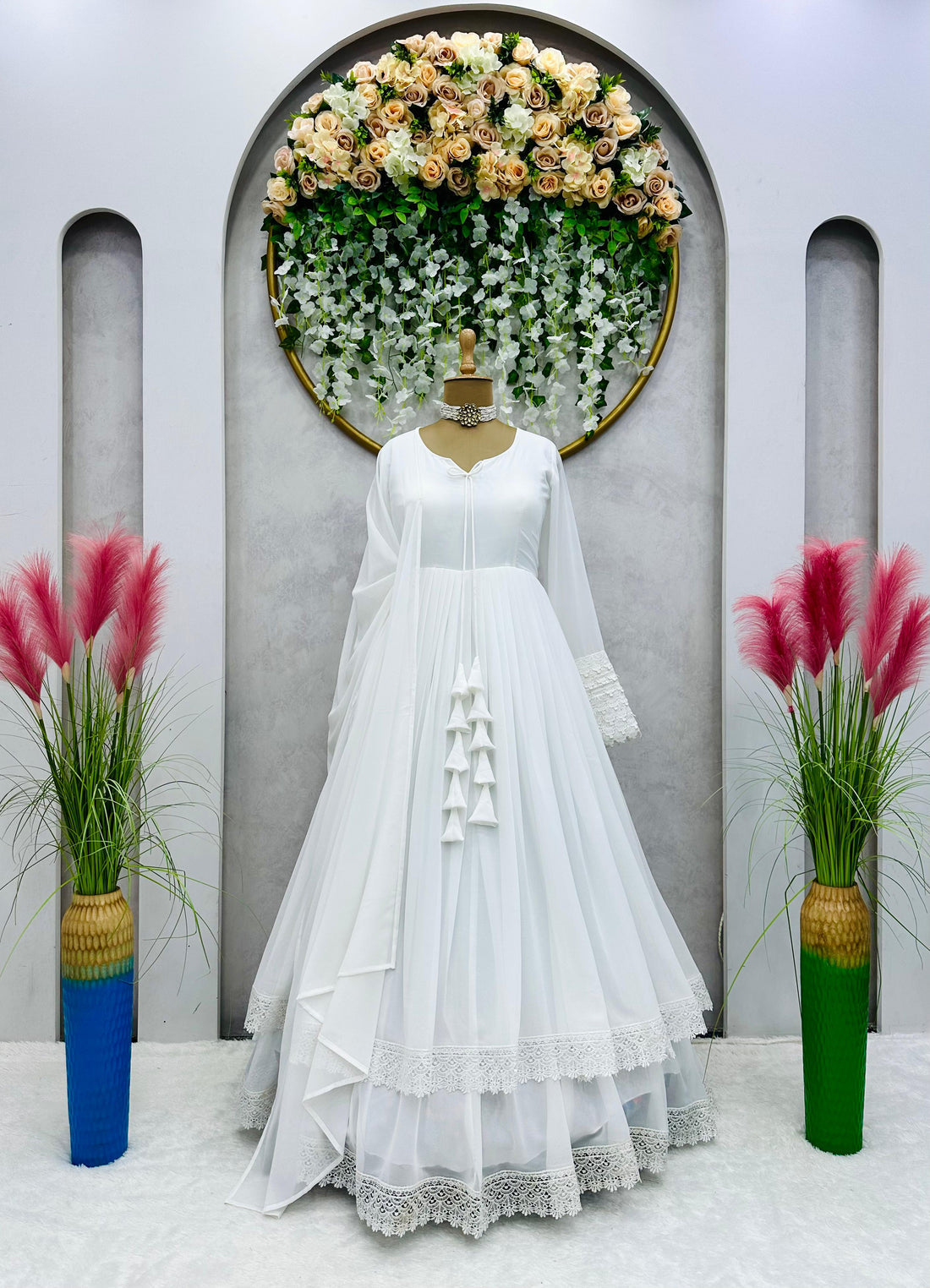 White Long Flair Double Layered Anarkali With Dupatta by My Store