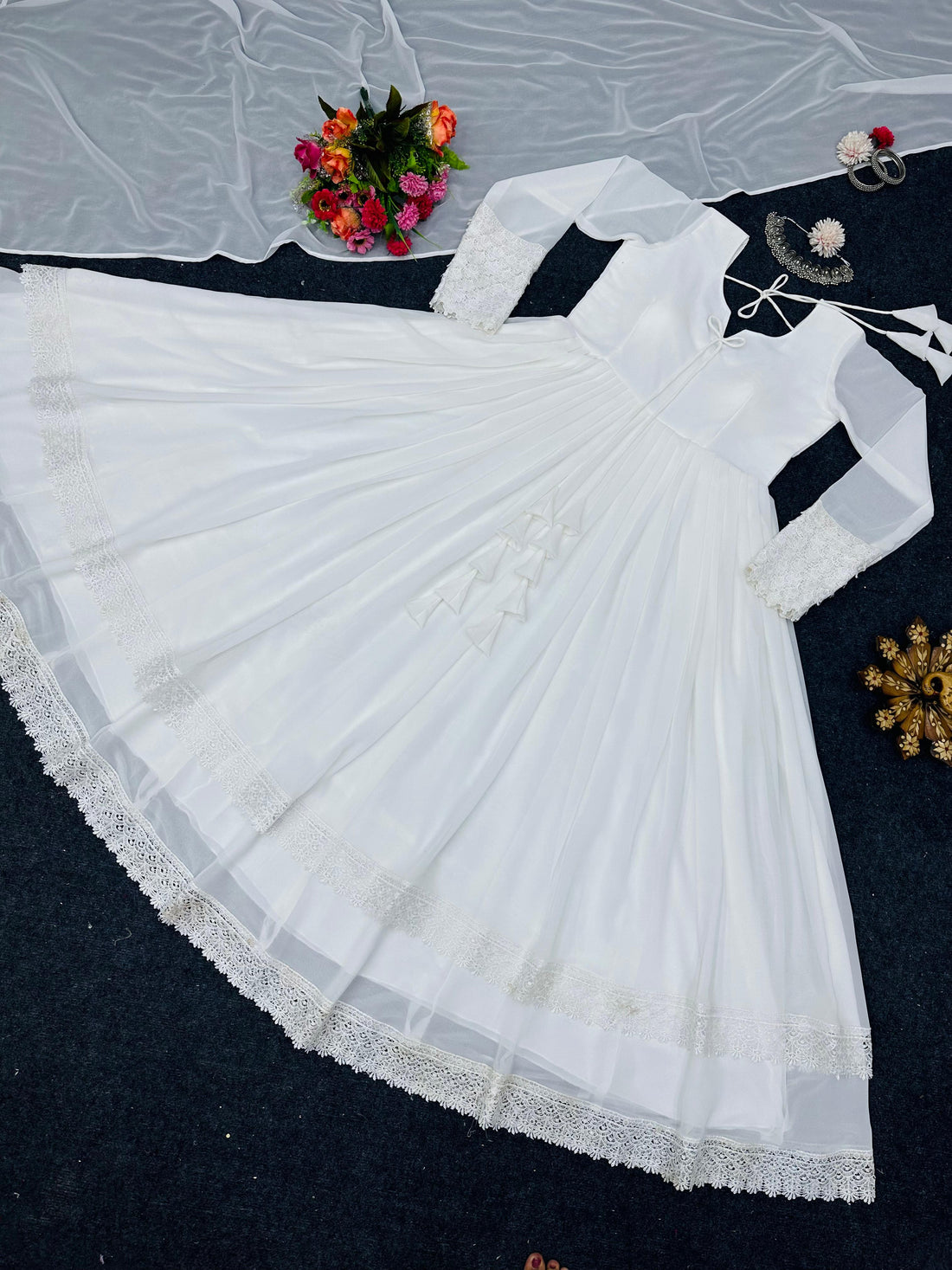 White Long Flair Double Layered Anarkali With Dupatta by My Store