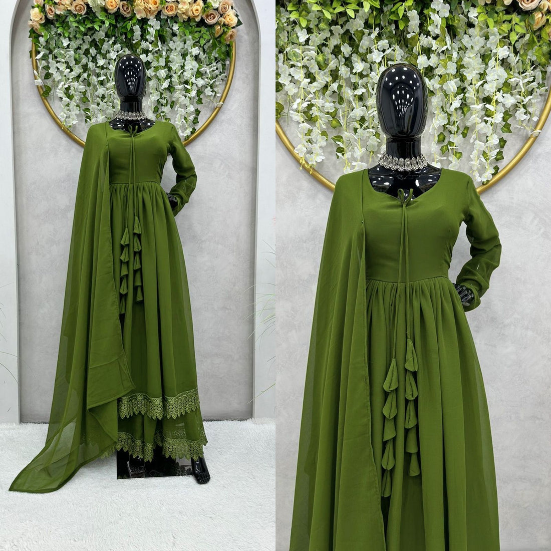 Good Looking Lace Border Mehndi Gown With Plain Dupatta by My Store