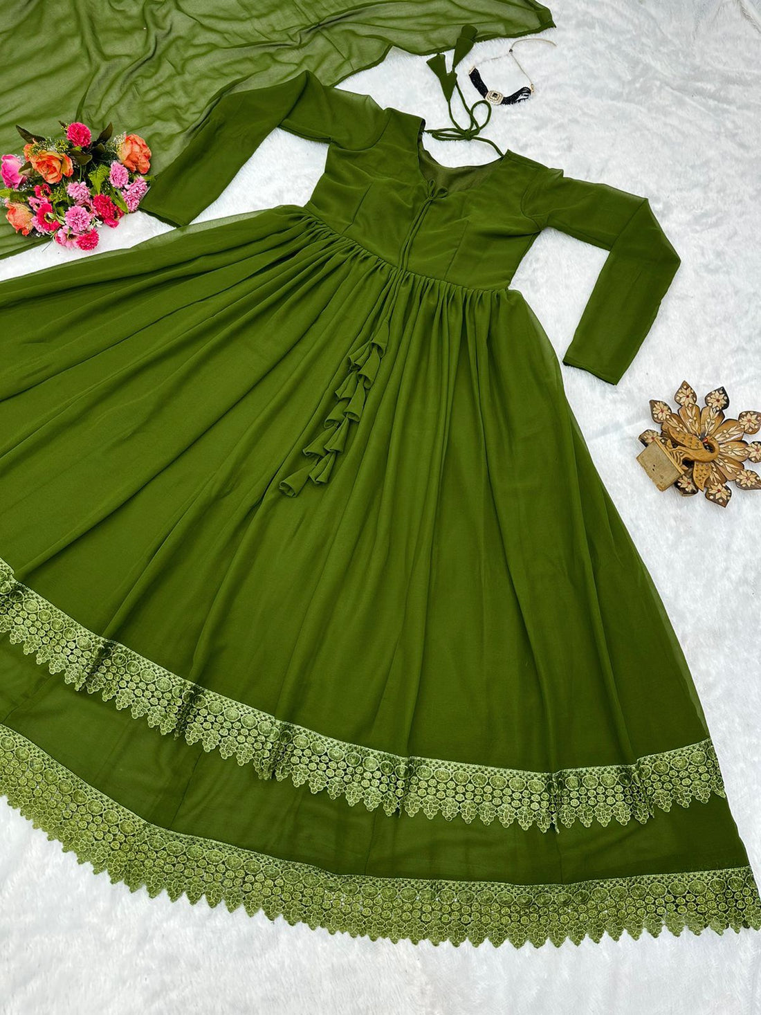 Good Looking Lace Border Mehndi Gown With Plain Dupatta by My Store
