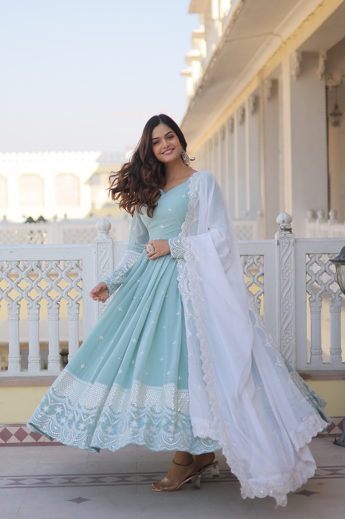 Beautiful Sky Blue Color Embroidery Work Gown With Dupatta by My Store